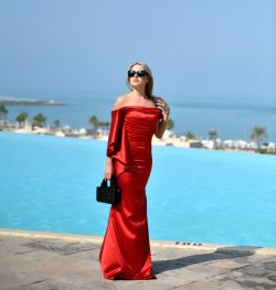 Scarlet Elegance Off-Shoulder Satin Gown A Statement of Confidence